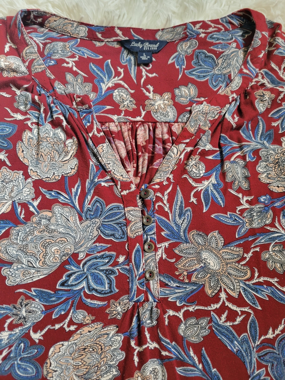 Lucky Brand Tunic Maroon Navy Boho Floral Paisley Print 3/4 Sleeve Split Neck  L